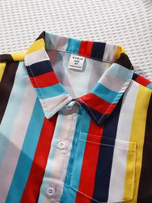 2pcs/Set Boys' Colorful Striped Short Sleeve Shirt And Shorts - Multicolor - View 6