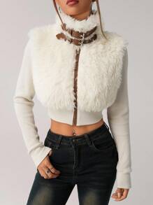 SHEIN ICON Women's Fashion Street Style Zip-Up Buckle Detail Cropped Faux Fur Jacket, Autumn/Winter - Apricot - View 6