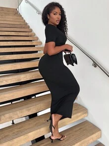 Alexandranx 女士纯色 V 领紧身短袖连衣裙 Hoco Dresses - 黑色 - 查看 5