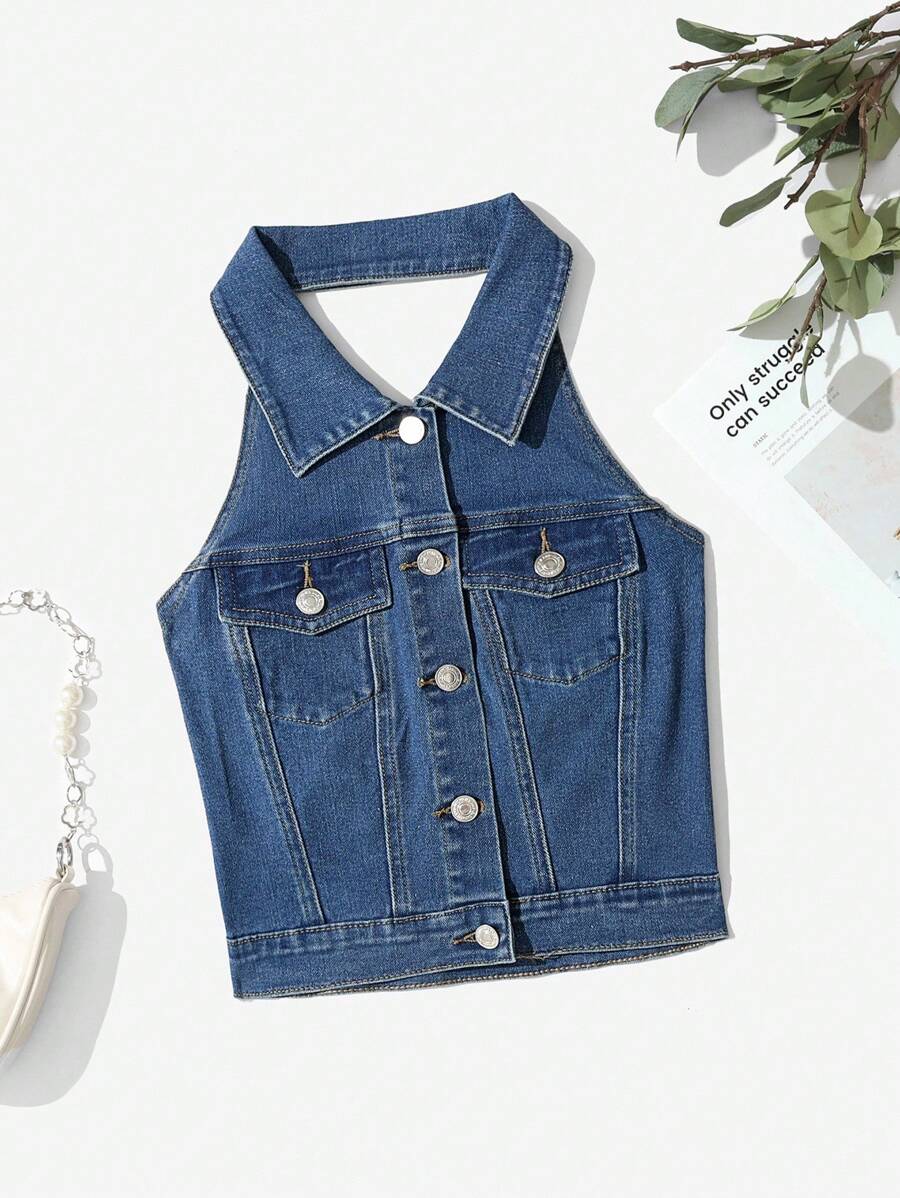 Rina Fox 时尚休闲无袖牛仔夹克和外套 - 深色水洗藍 - 查看 1