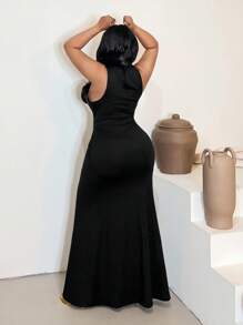 Maweii 2025 Damen Große Größen Elegantes, sexy Kleid mit tiefem Ausschnitt, ärmellos, einfarbig, figurbetonter Fischschwanz-Schnitt, vielseitig für Party, Date, Anlässe - Schwarz - Übersicht 2