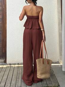 SHEIN EZwear Rust Brown Boho Two-Piece Bandeau Outfit With Ruched Bust Design And Flowy Sleeveless Arm Style - Rust Brown - View 2