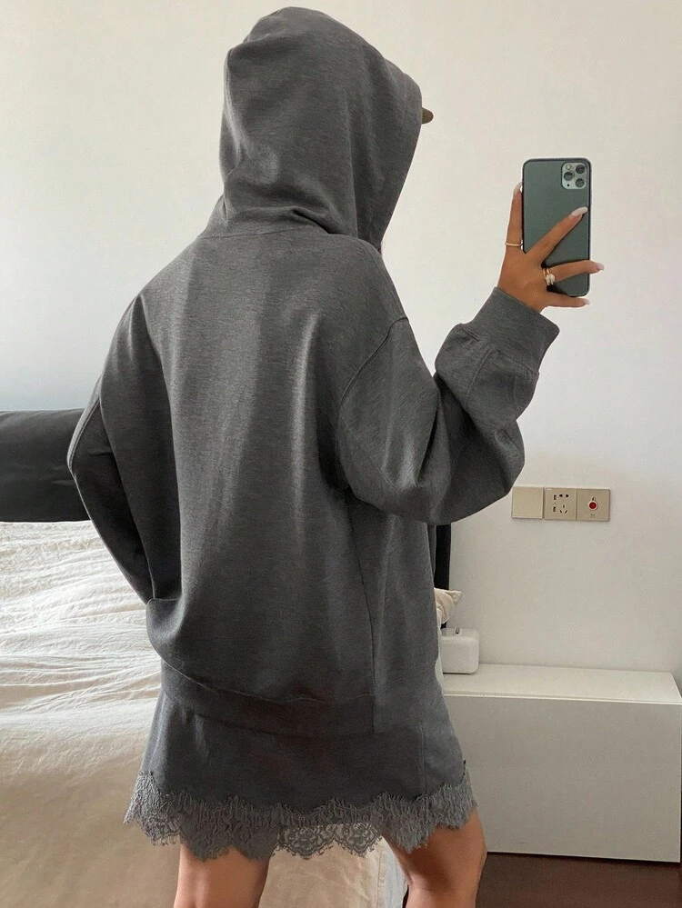 Women's Casual Street Style 2 Pieces Set: Solid Color Loose Letter Print Long Sleeve Hoodie And Lace Patchwork Skirt, Suitable For Spring And Autumn,Fall Women Clothes Lounge Sets For Women