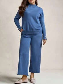Zelara Plus Size Women's Blue Crew Neck Button Decor Pullover Sweater And Wide Leg Pants 2 Pieces Casual Loose Set, Warm For Autumn & Winter Fall - Blue - View 5