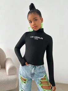 Tween Girl Casual Fitted Black Crew Neck Printed T-Shirt Autumn Fall Winter - Black - View 4