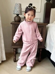 SHEIN 女宝宝时尚休闲长袖高领外套和宽松长裤全套，适合日常穿着、郊游、校园、公园、游乐园