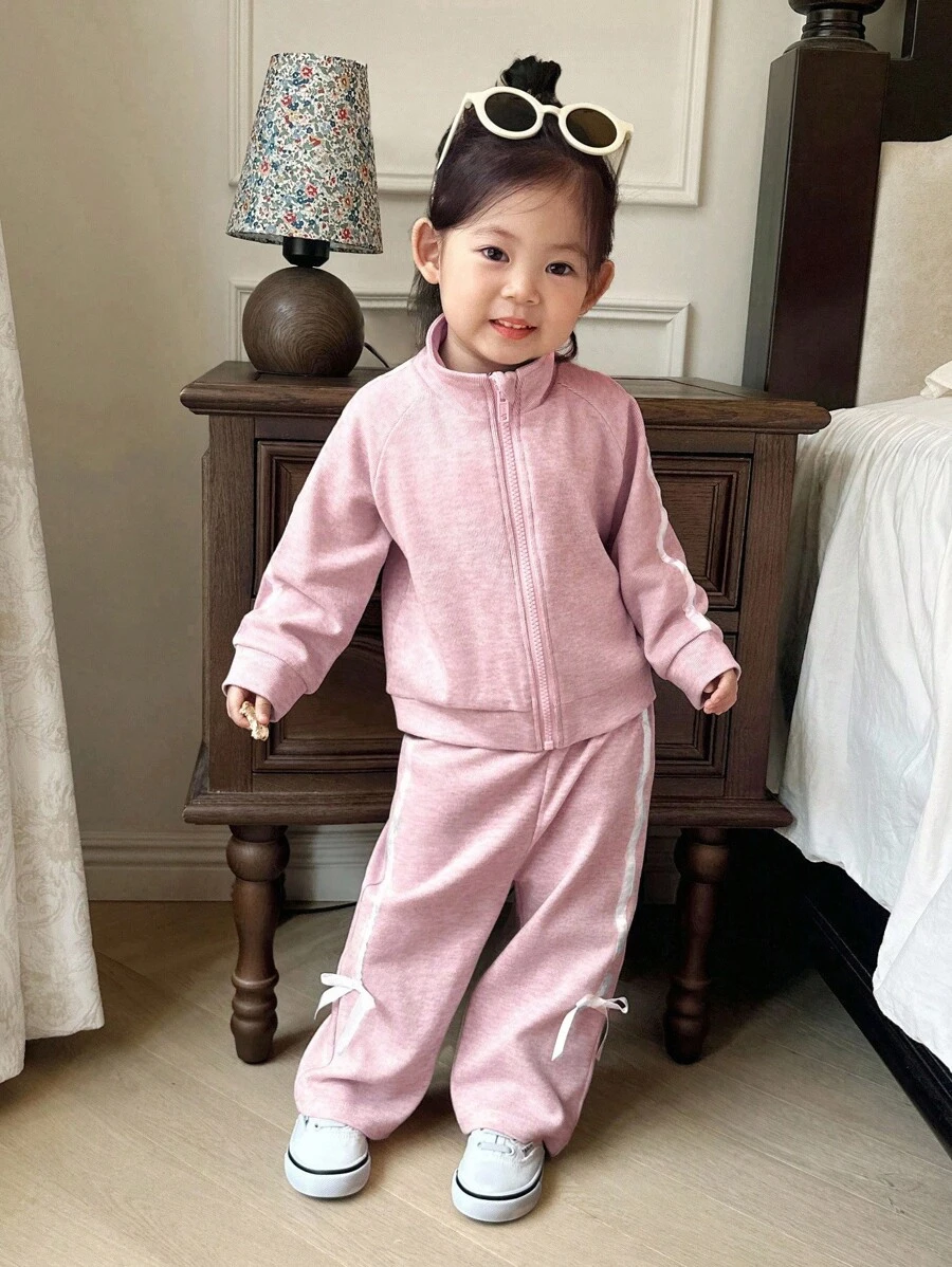 SHEIN 女宝宝时尚休闲长袖高领外套和宽松长裤全套，适合日常穿着、郊游、校园、公园、游乐园