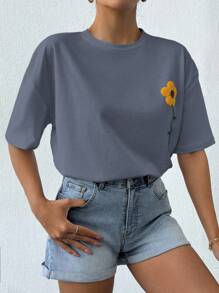 EURMUSE 100%Cotton Summer Flower Flocking White T-Shirt - Grey - View 4