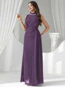 Coutiva Váy dạ hội cổ đính sequin và ngọc trai giả sang trọng, Đầm dự tiệc cao cấp, thanh lịch và tinh tế - Màu tím - Xem 3