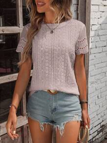 SHEIN LUNE 網眼刺繡貝殼邊T恤 - 藕粉色 - 查看 3