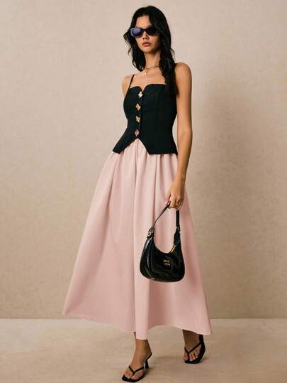 Poéselle 休闲时尚撞色吊带女式中长连衣裙