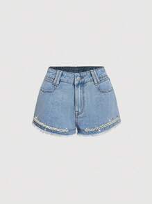 SHEIN MOD Short en jean pour femmes orné de strass et de perles - Bleu azur - Voir 1