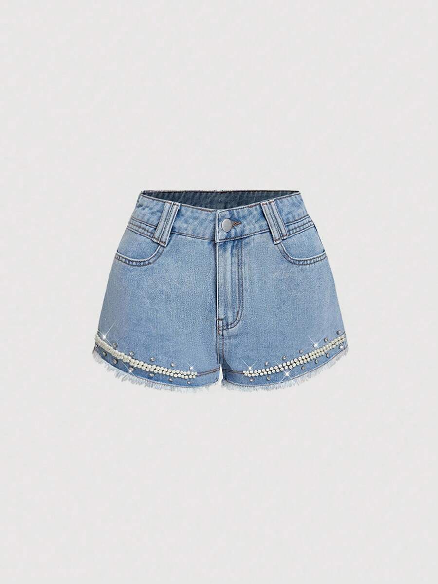 SHEIN MOD Short en jean pour femmes orné de strass et de perles - Bleu azur - Voir 1