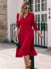 EMERY ROSE Váy xòe tay 3/4 cổ chữ V thắt eo cho nữ mặc năm mới trang phục maxi cho nữ - Đỏ - Xem 6
