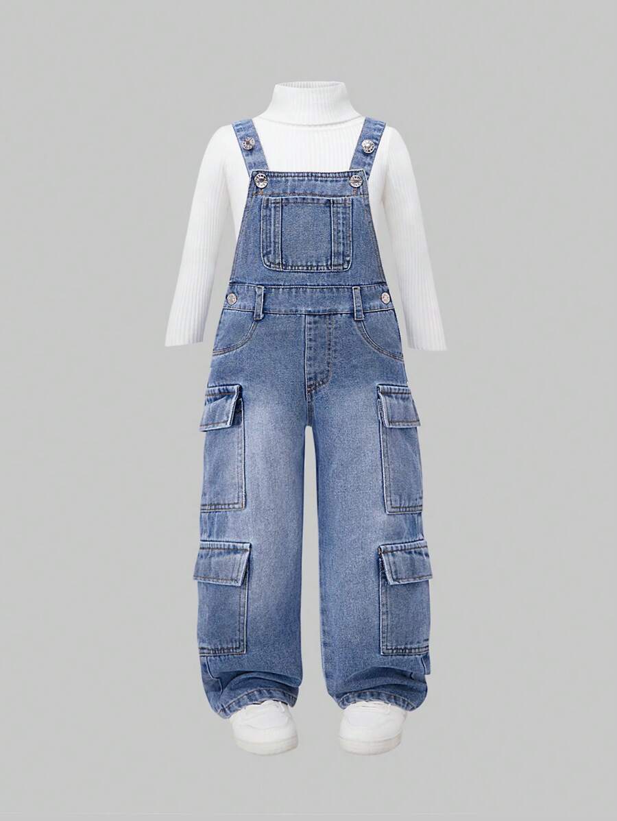 Young Girl' Fashion Streetwear Soft Washed Adjustable Strap Casual Denim Jumpsuit, Thin For Spring/Autumn, School, Campus, College Summer Holiday - Light Wash - View 1