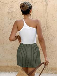 SHEIN Frenchy 女式休闲条纹开衩裙短裤 - 軍綠色 - 查看 3