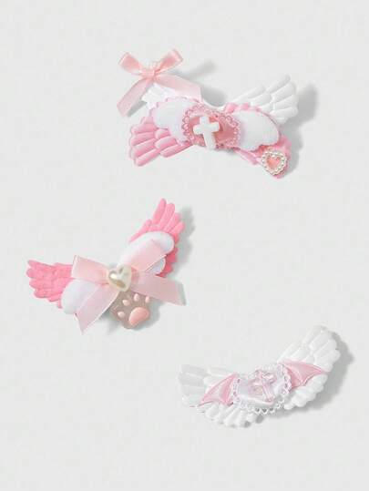 Anime 3pcs Random Kawaii Pink Bowknot Cross Heart Cat Claw Hair Clips, Cute Handmade Cartoon Alligator Hair Clips, Fashionable Versatile Hair Accessories For Daily Wear & Party