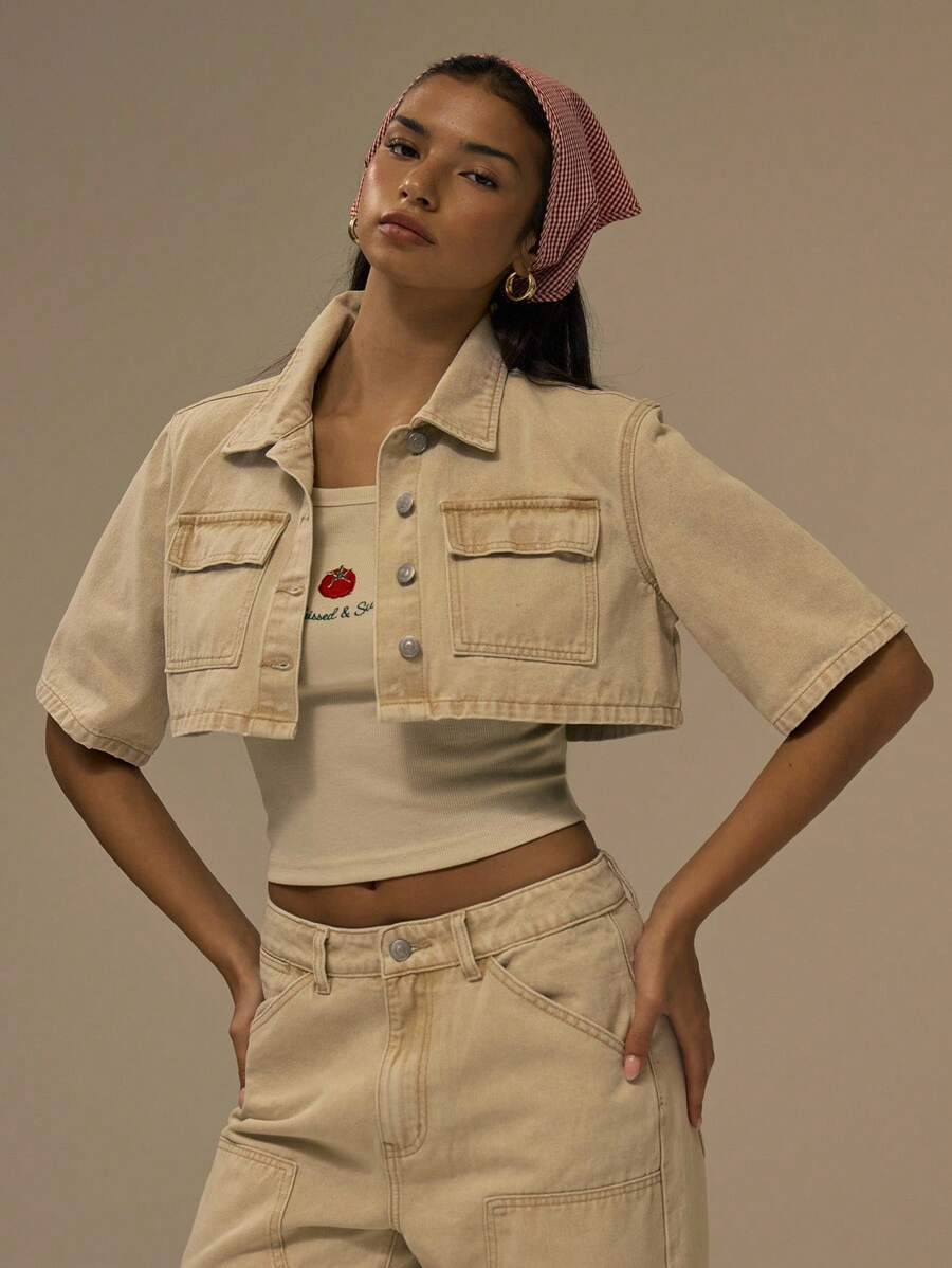MUSERA Boxy Fit Collared Button Through Mid Sleeve Denim Top Only Spring Summer Casual Work Office Chic - Khaki - View 1