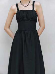 Chiquease Halloween Women's Summer French Style Linen Ruched Waist A-Line Dress, Minimalist Elegant - Black - View 6