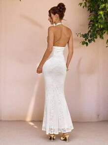 SHEIN BAE 长款优雅蕾丝细肩带连衣裙，白色蕾丝拼布美人鱼连衣裙 - 白色 - 查看 2