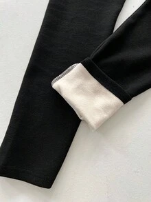 SHEIN 少女日常休闲保暖印花黑色打底裤，带内衬腰带，秋冬季保暖打底裤 - 黑色 - 查看 2