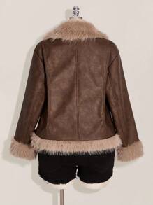 SHEIN ICON Plus Size Vintage PU Leather Patchwork Faux Fur Collar Double Pocket Jacket Fur Jacket Women Brown Fur Jacket Women Fur Coat Faux Fur Jacket Women Brown Jacket Women Winter Fall Autumn