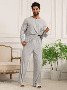 DAZY Men's Autumn Simple Button-Up Long Sleeve Grey T-Shirt And Pants Pajama Set, Fall Winter Clothes
