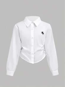 SHEIN Tween Girls Drawstring Design White Blouse Long Sleeve,Back-To-School School Elegant And Classy Autumn White Button Up Equestrian Horse Riding Shirt - White - View 3