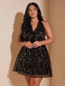 SHEIN BAE 大码女式亮片迷你连衣裙、毕业季、派对鸡尾酒会礼服、流苏亮片连衣裙 - 黑色 - 查看 4