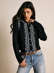 Poéselle 女士优雅花卉印花泡泡袖单排扣衬衫、波西米亚风复古印花、长袖衬衫、波西米亚风格女式衬衫、长袖衬衫、秋季女式衬衫、西部上衣、女式衬衫和衬衫、纽扣衬衫、波西米亚风衬衫 - 黑色 - 查看 8