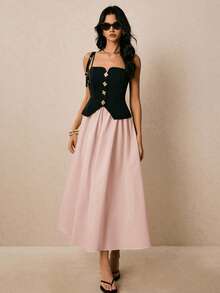 Poéselle Vestido de mujer de largo medio con correa de color de contraste, de estilo casual y elegante - Rosa - Ver 8