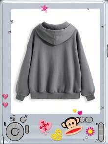 Paul Frank X ROMWE Casual Graphic Women Kpop Y2K Oversized Monkey Print Zip Up Hoodie - Grey - View 10