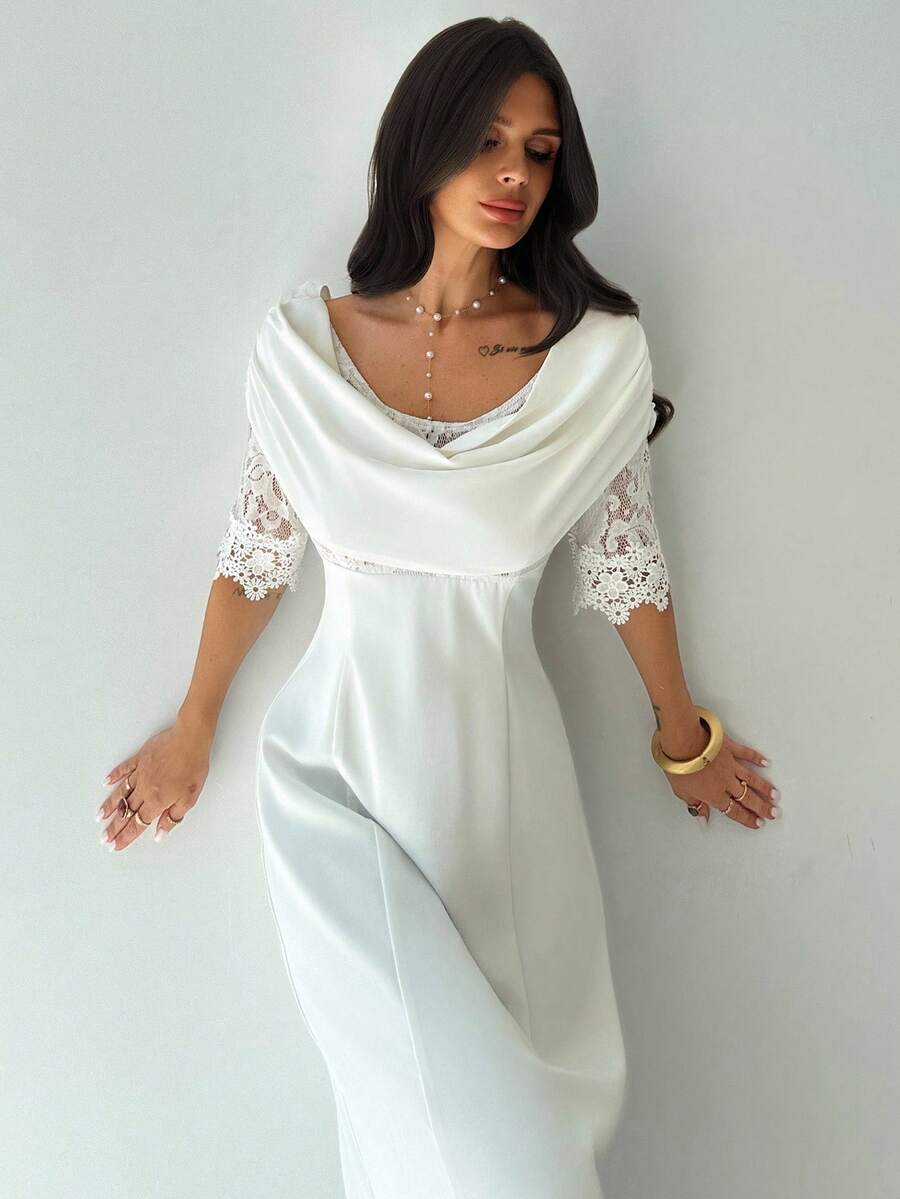 Firerie Women's Elegant Romantic Dress, White Off Shoulder Lace Patchwork Flared Waist A-Line Dress, Suitable For Summer, Wedding Guest, Party, Graduation, Prom - White - View 1