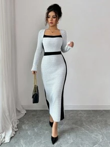 SHEIN Clasi Square Neck Color Block Fitted Dress, Women Long Dress Fall Cloth For Women - Multicolor - View 1