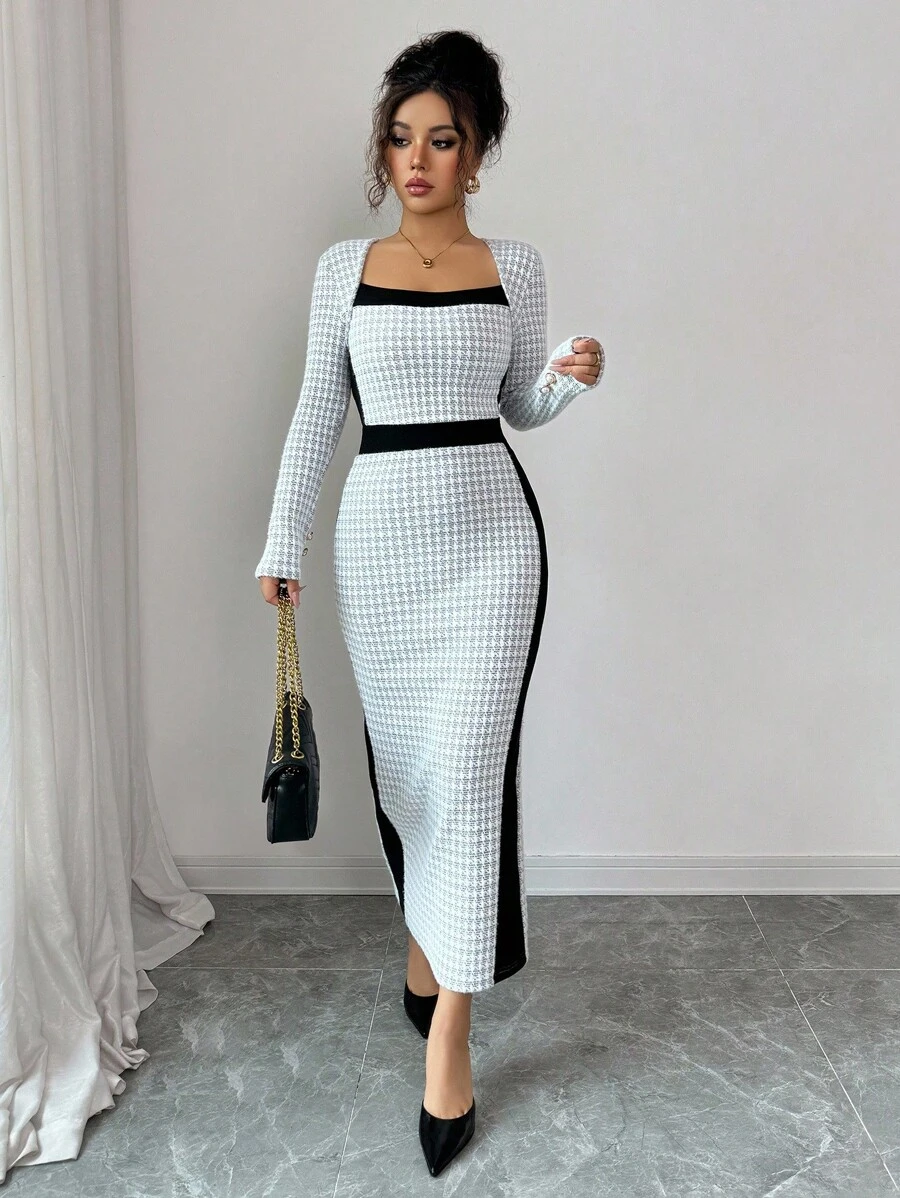 SHEIN Clasi Square Neck Color Block Fitted Dress, Women Long Dress Fall Cloth For Women - Multicolor - View 1