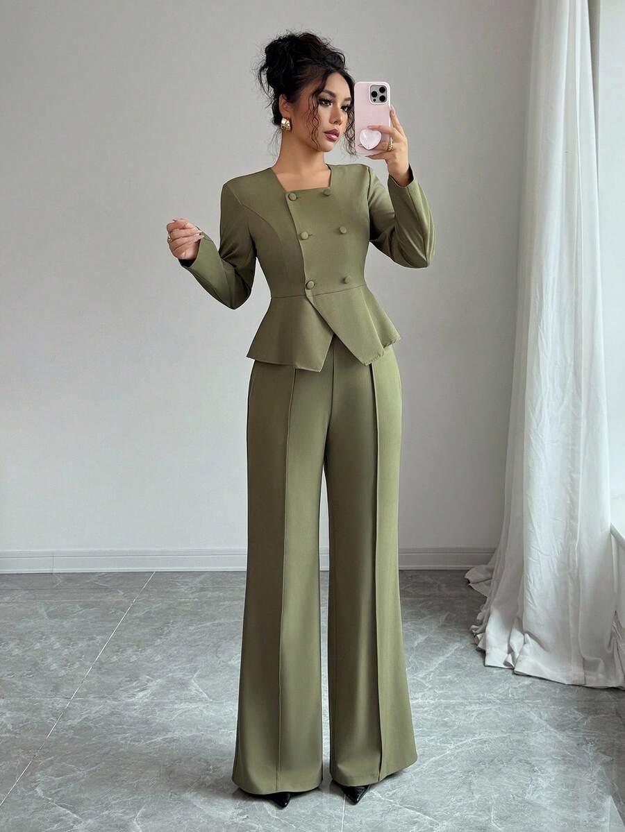 Elenzga Women's Elegant Long Sleeve Blouse And Pants, Romantic Slim Fit Business Suit Fall Cloth For Women - Army Green - View 1