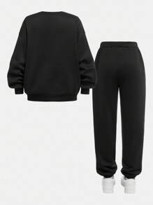 SHEIN 2pcs/Set Teen Girls Casual Minimalist Pink Bow Graphic Crew Neck Thick Long Sleeve Sweatshirt And Pants Set, Suitable For Autumn/Winter Fall - Black - View 2