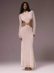 MUSERA 长袖高领露腰收腰修身连衣裙，适合秋冬季、夏季度假、夜晚外出、约会、婚礼宾客、生日派对、俱乐部、性感早午餐、外出游轮派对、优雅伊比沙岛等场合，少女可爱，适合新娘、单身派对、告别单身派对、婚礼等场合。 - 杏色 - 查看 6