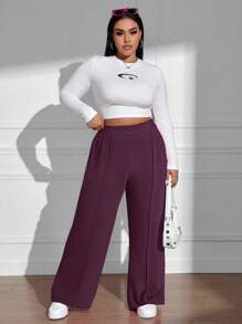 SHEIN EZwear Gerade geschnittene Hose Einfarbig für Große Größen, minimalistischer Stil, geeignet für den Alltag - Bordeaux - Übersicht 5