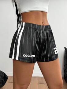 Coolane Quần short len cạp chun rộng thùng thình phong cách thể thao đường phố lễ hội mùa hè dành cho nữ Y2K Game Day kẻ sọc vải satin - màu đen - Xem 2