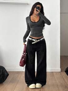 Coolane 女式秋季四季垃圾摇滚日常外出灰色和黑色条纹针织V领长袖T恤 - 彩色 - 查看 6