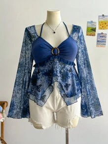 Soleia 大码女式度假毕业返校秋季度假装娃娃装上衣，蓝色复古拼布上衣 - 藍色 - 查看 1