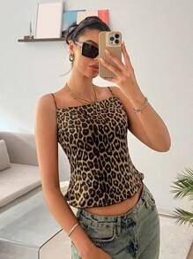 SHEIN EZwear Blusa con estampado de leopardo, escote halter sin espalda y lazo atrás, nuevo estilo para señoras - Marrón - Ver 2