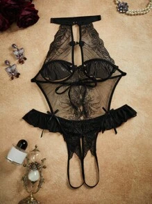 PinupPomp 1 bộ đồ liền thân thêu nơ trơn màu gợi cảm dành cho nữ khi đi chơi - màu đen - Xem 7