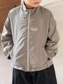 SHEIN Little Byeori Young Boy Casual Letter Print Front Zip Jacket Boys Zip Up Jacket Kids Zip Up Jacket Boys Summer Jacket Kids Summer Jacket Boy Jacket,In Fall/Winter - Grey - View 7