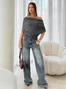 Aloruh Áo len dệt kim tay ngắn cổ rộng màu xám đậm mới thu/đông cho nữ - Màu xám đen - Xem 6