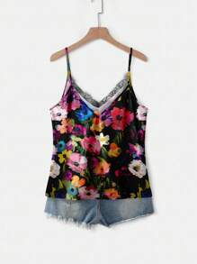 EMERY ROSE 加大码 V 领蕾丝拼布花卉印花吊带背心，优雅适合度假、约会、派对和时尚 - 彩色 - 查看 6