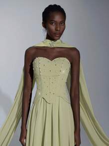 Elitara 优雅奢华手工水钻装饰露肩荷叶边性感弹力针织拼布雪纺长裙，适合婚礼、派对、单身活动、度假、舞会、晚礼服 - 草綠色 - 查看 2