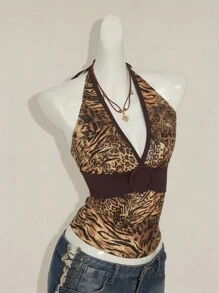 SHEIN ICON Áo hở lưng cổ chữ V sâu màu vàng nâu bó sát, phong cách hiện đại Y2K, phong cách cổ điển gợi cảm, thời trang xuân hè cho nữ, họa tiết da báo cá nhân hóa, họa tiết hổ, màu tương phản, thời trang thiên niên kỷ - màu nâu - Xem 8