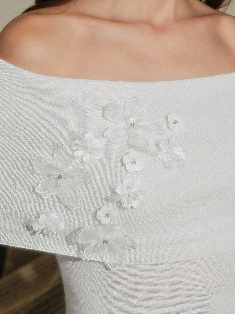 Elegant Beaded Floral Off Shoulder Fitted Slim Knit Sweater For Women Knit Pullover Fall Winter